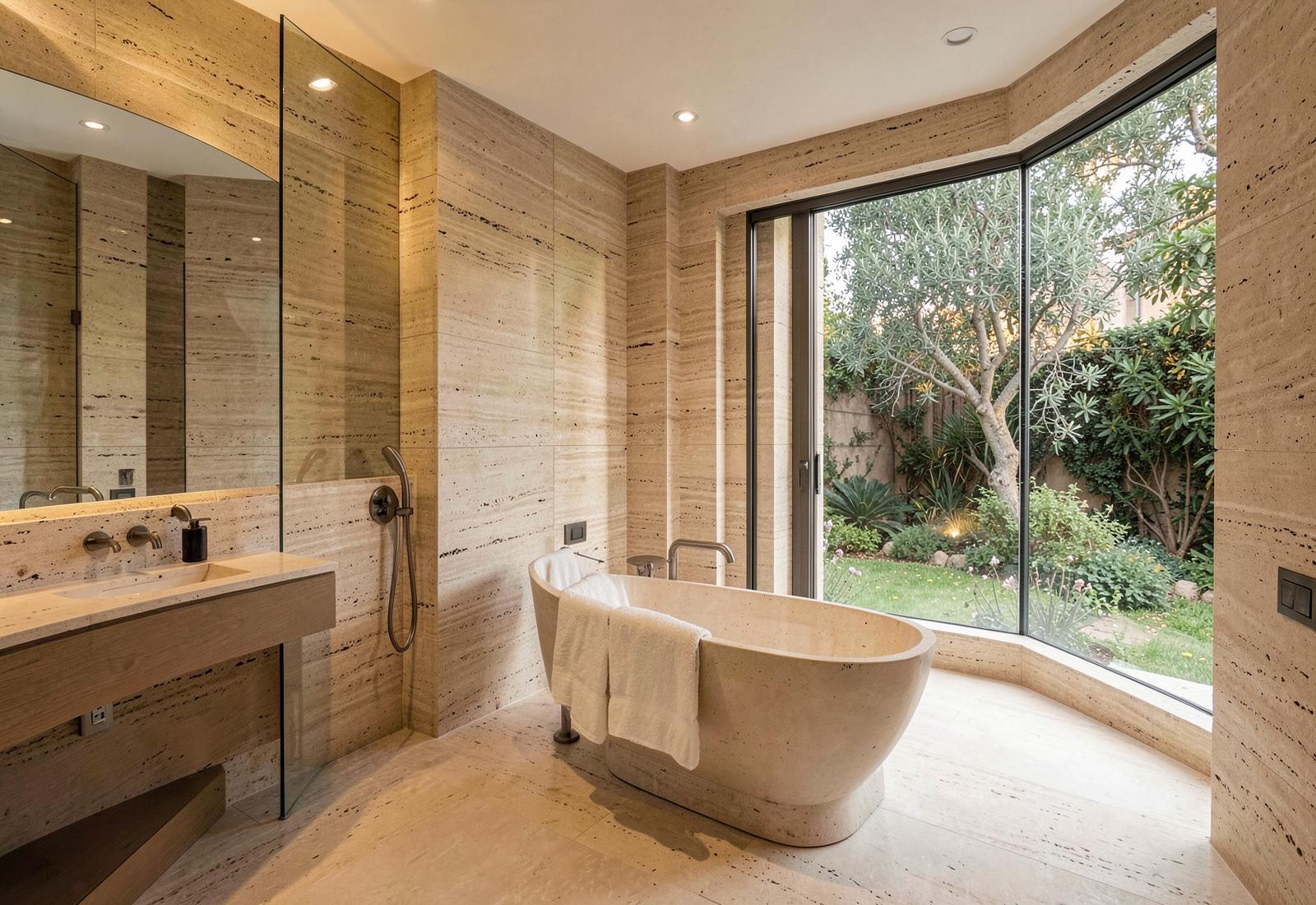 Travertine bathing suite opening onto a planted courtyard