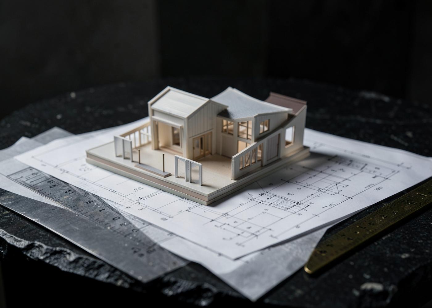 Architectural model resting on technical drawings under directional light