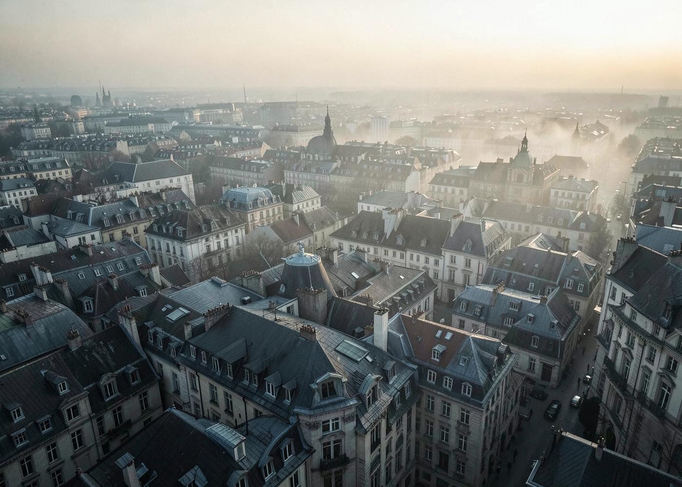 European city rooftops in dawn mist seen from above