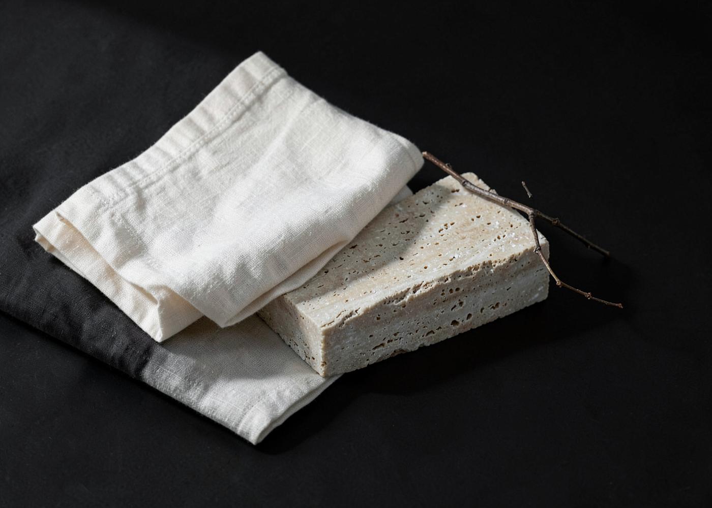 Folded ivory linen and a travertine block on a dark background