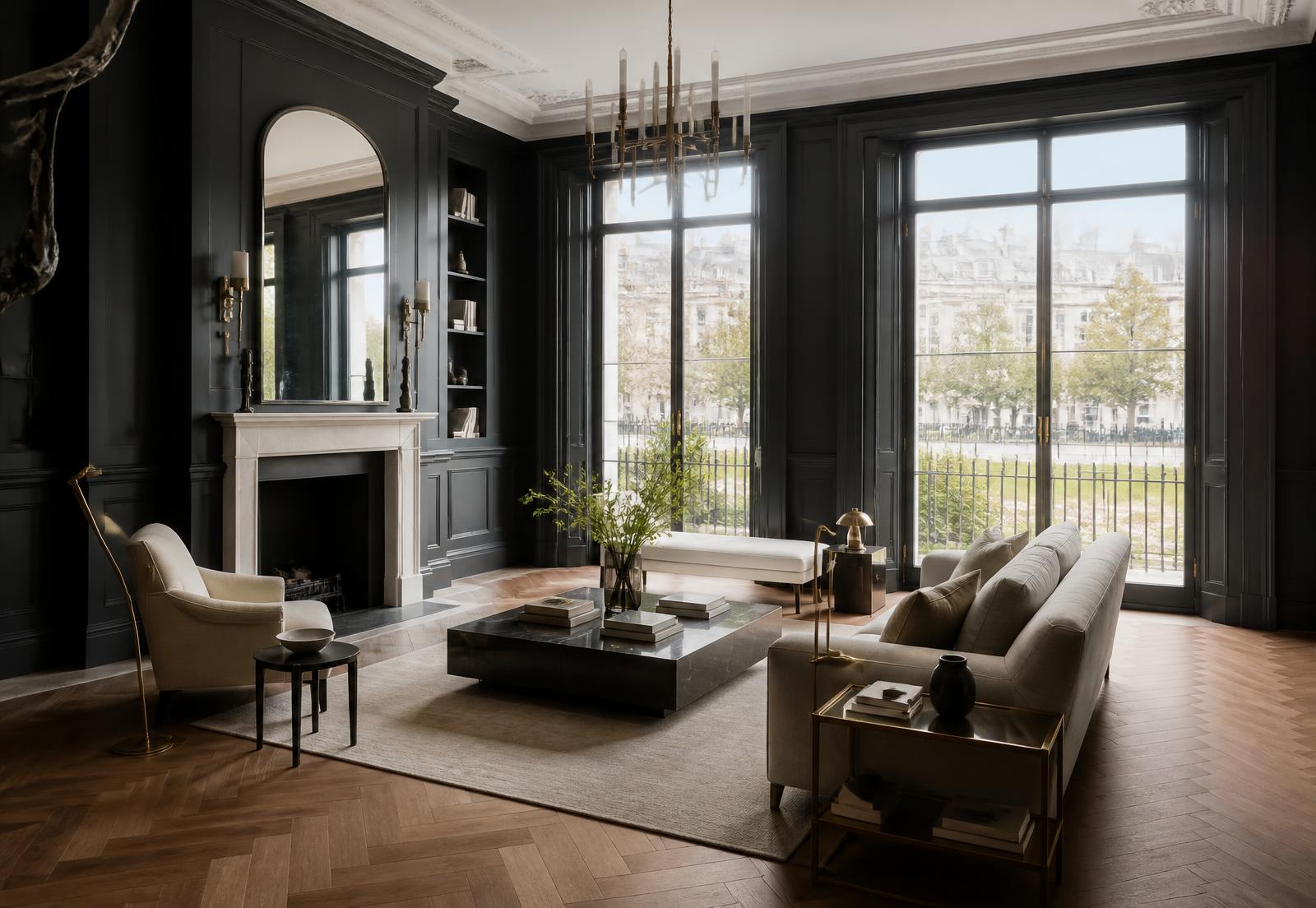 Charcoal panelled London drawing room with tall windows