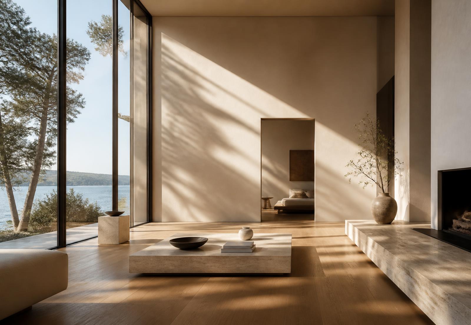 Minimalist villa interior with light crossing plaster walls