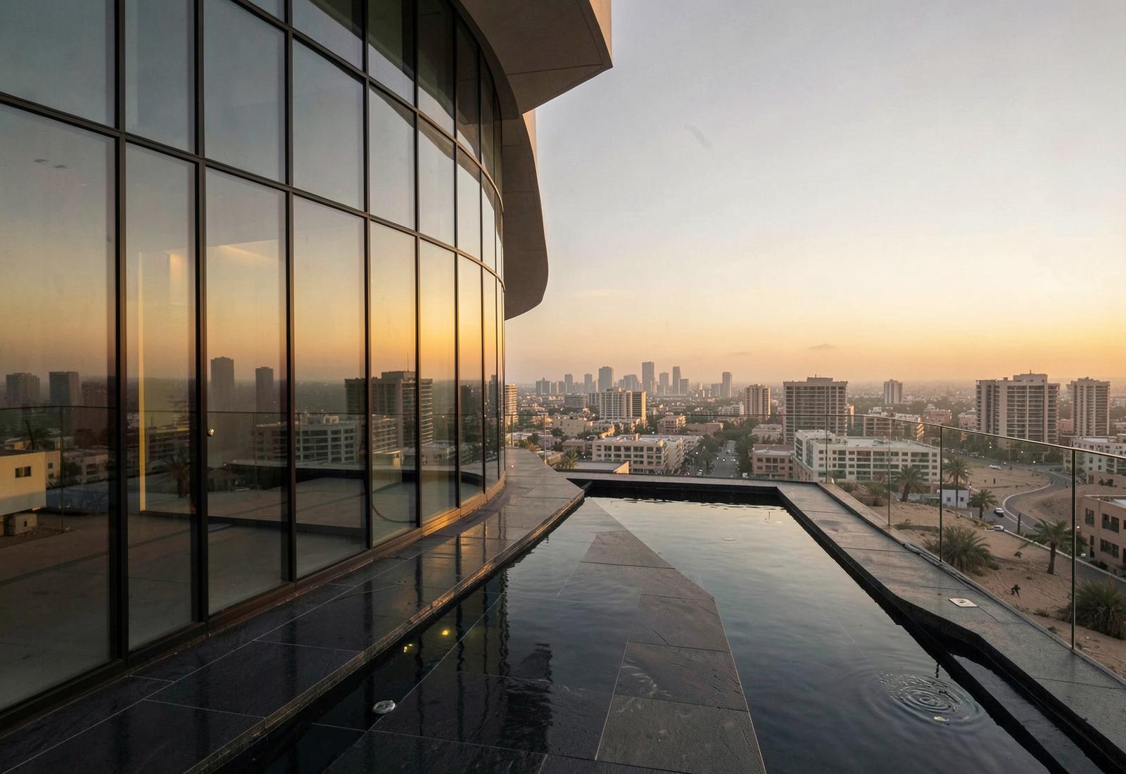 Curved glass penthouse terrace with pool at sunset