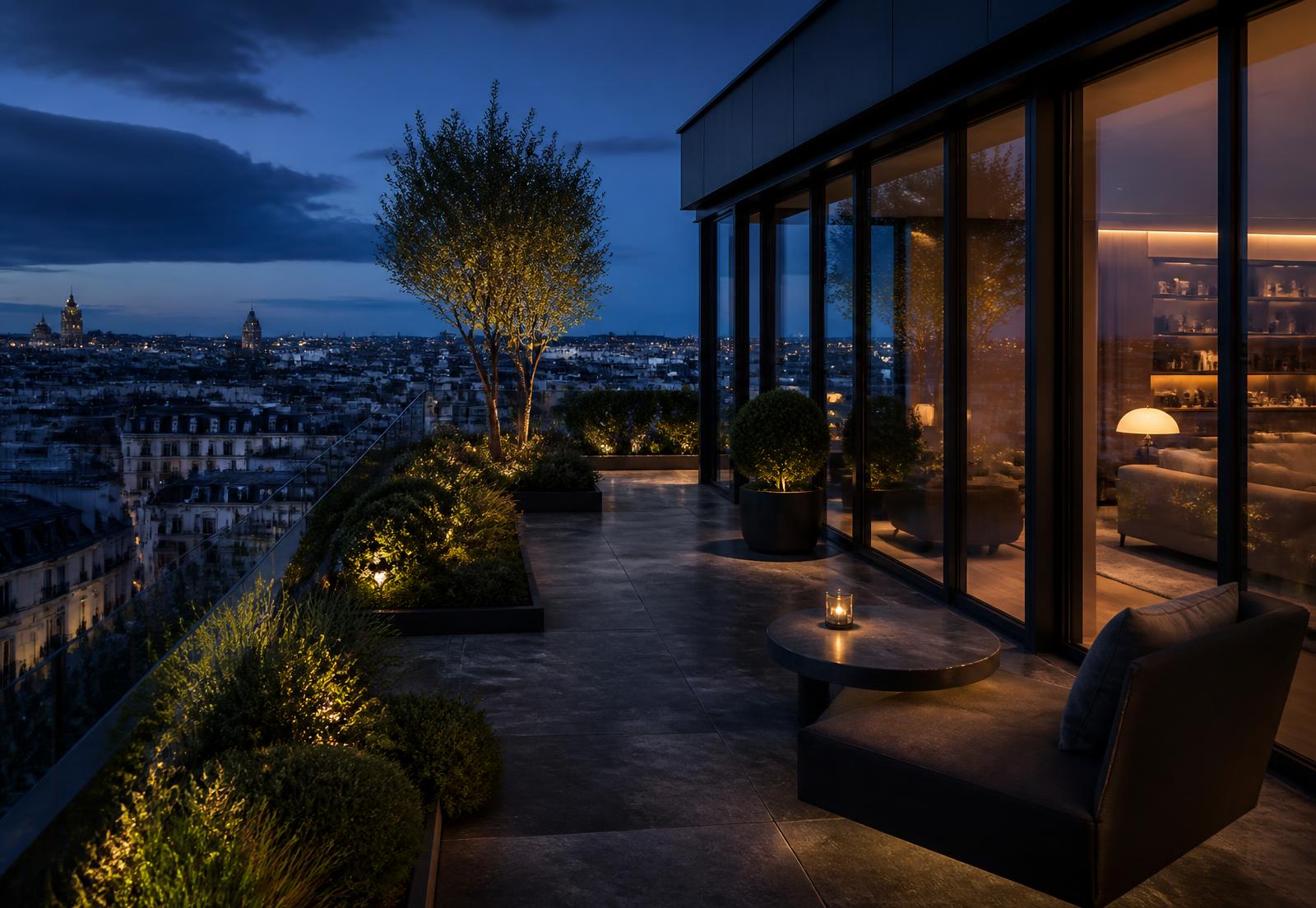 Penthouse terrace above a European city at blue hour