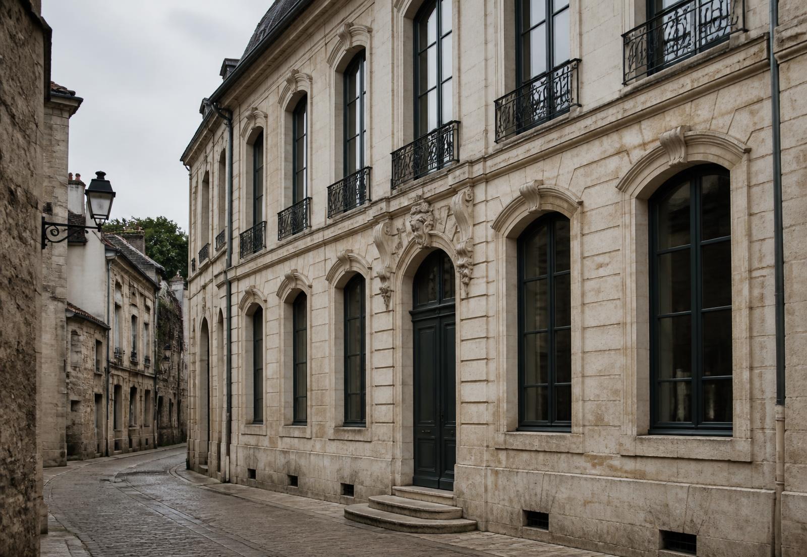 Restored limestone townhouse facade on a cobbled street