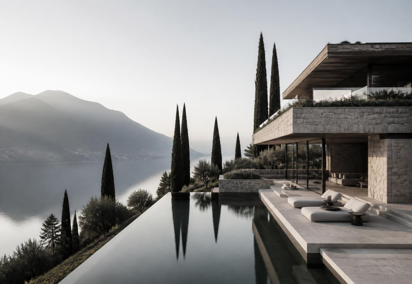 Stone and glass villa above Lake Como with infinity pool at dawn